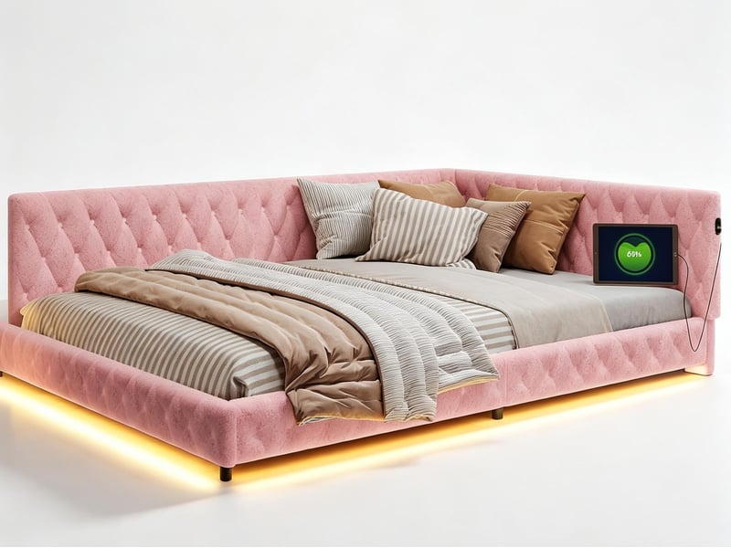  Lit coffre 140x200 cm led rgb sous-lit, lit capitonné avec usb, sommier à lattes  - Conforama A