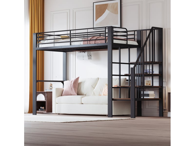  Lit mezzanine 90x200 cm structure métallique stable rangement sous-lit escalier intégré métal et bois noir sans matelas  - Conforama D