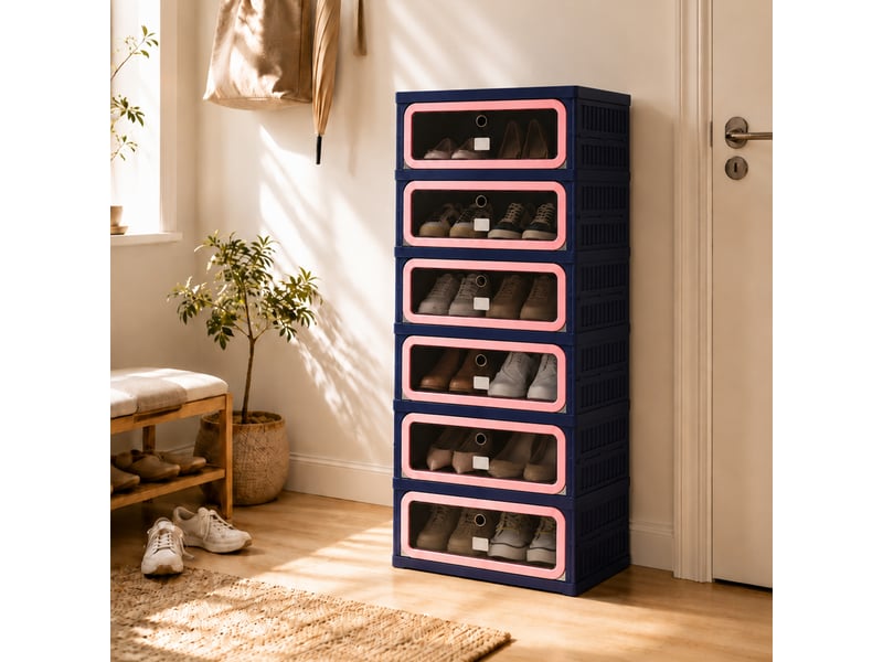  Meuble à chaussures pliable,45×34×106 cm,6 niveaux, 12 paires,porte transparente en pet,matériau pp,style moderne,bleu  - Conforama B