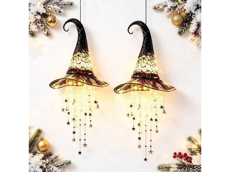 Lot de 2 décoration halloween lumineuse, chapeau de sorcière avec étoiles led, suspension décorative pour porche, entrée et jardin - Conforama A