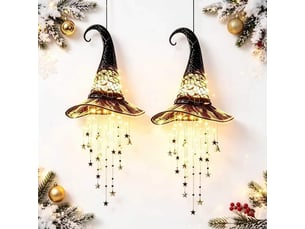 Lot de 2 décoration halloween lumineuse, chapeau de sorcière avec étoiles led, suspension décorative pour porche, entrée et jardin