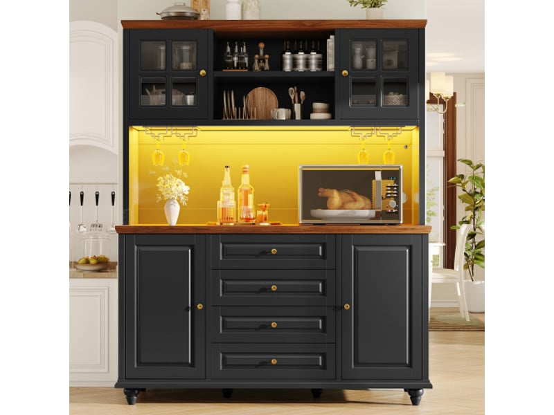  Buffet de cuisine 140x40x179,5 cm - 4 portes et 4 tiroirs, éclairage led rgb, étagères réglables, porte-verres - noir  - Conforama B