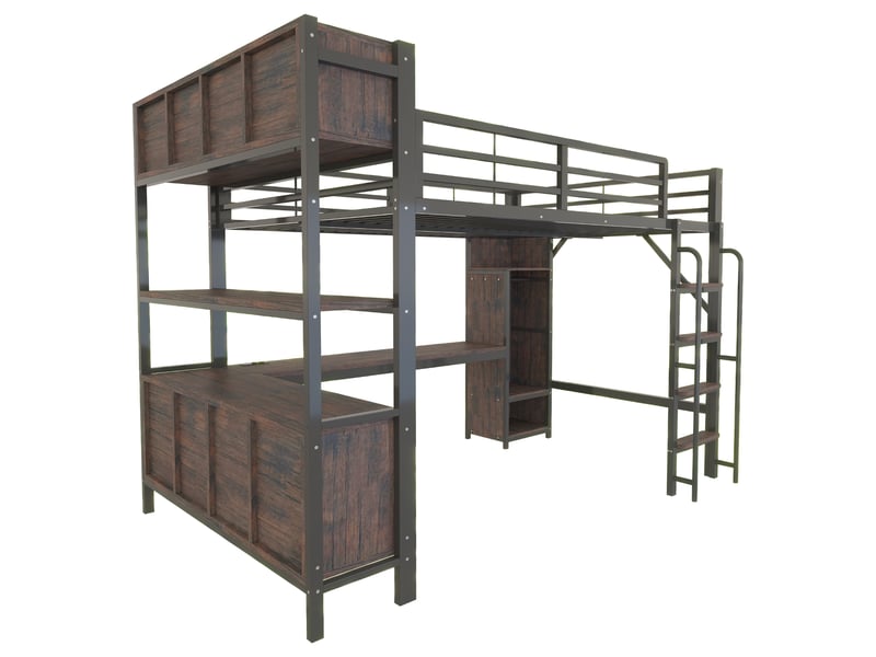 Lit mezzanine 140x200 cm avec bureau et armoire - étagères - led et prises - garde-corps haut - noir - Conforama W