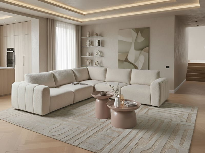 Canapé d'angle modulable 5 places kivvik bouclé blanc cassé côté droit  - Conforama B