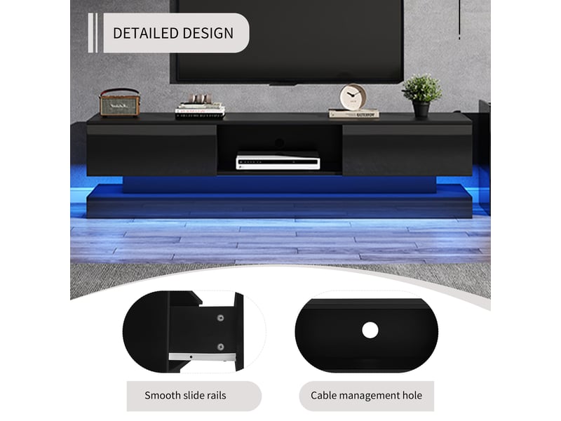  Meuble tv moderne brillant led 160 x 35 x 40,5cm,commode tv élégante avec 2 tiroirs,contrôle du app,anti-basculement,noir  - Conforama D