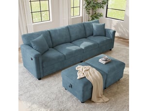 Canapé modulable 261 x 134 x 82 cm bleu en chenille, 2 poufs de rangement avec ports usb et type-c