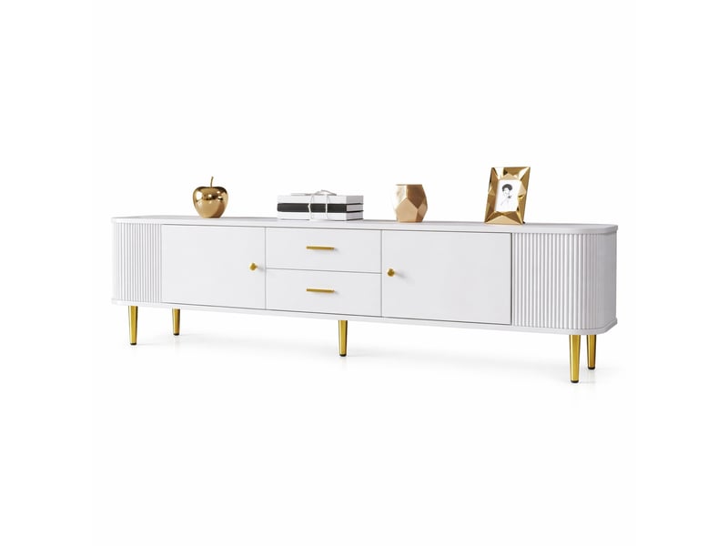 Meuble tv modenvie 170 x 34 x 45 cm mdf blanc détails dorés 2 tiroirs 2 portes - Conforama A