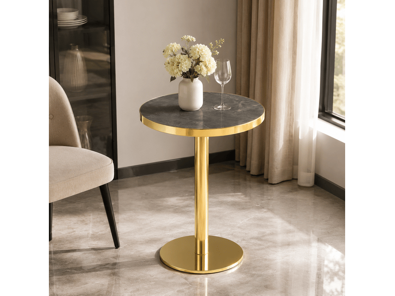  Console ronde moderne avec plateau effet marbre, bord doré en acier inoxydable et base stable pour salon  - Conforama C