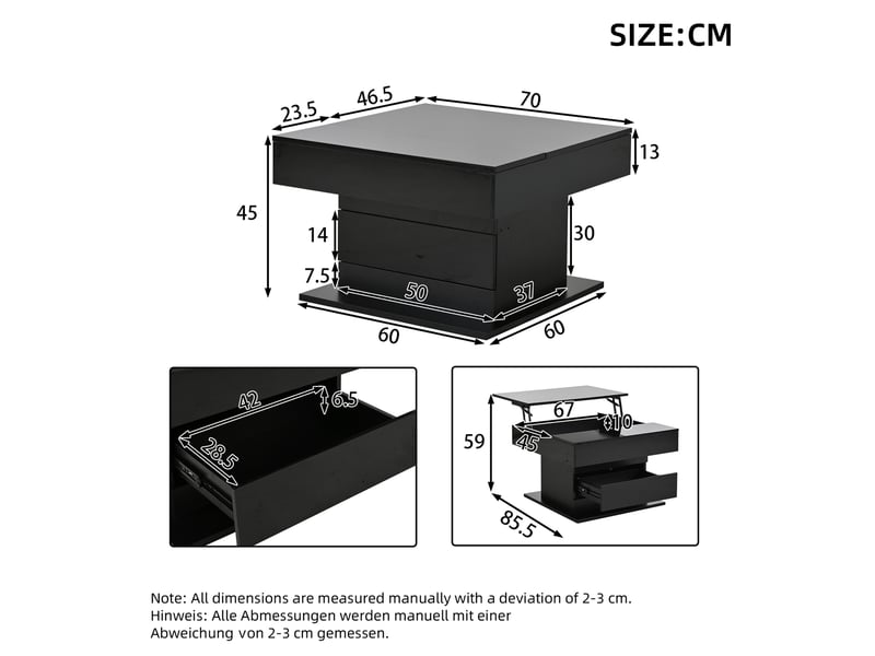  Table basse relevable avec 1 tiroir, plateau pivotant à 360°, rangement dissimulé, pour salon, 70 × 70 × 45 cm  - Conforama D