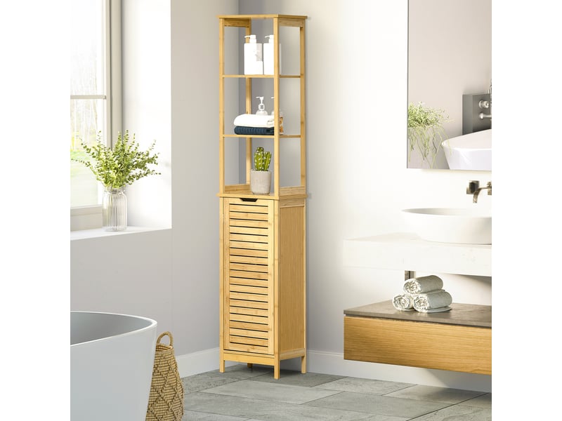  Armoire de salle de bain haute en bambou naturel, avec 3 étagères et 1 porte, colonne de rangement, 34 x 30 x 173 cm  - Conforama D