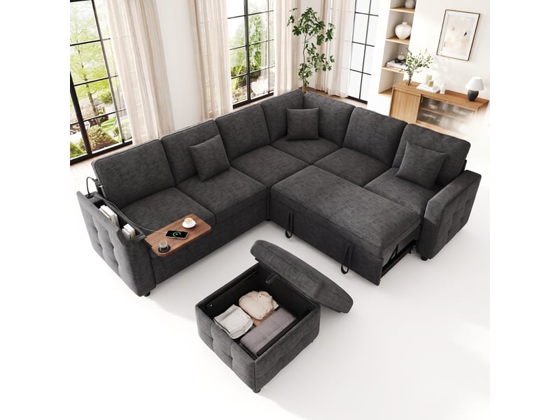  Canapé d'angle convertible 7 places en tissu chenille gris, canapé-lit avec fonction couchage, ports usb et espace de rangement  - Conforama A