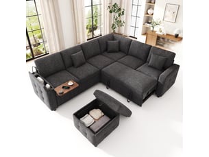 Canapé d'angle convertible 7 places en tissu chenille gris, canapé-lit avec fonction couchage, ports usb et espace de rangement