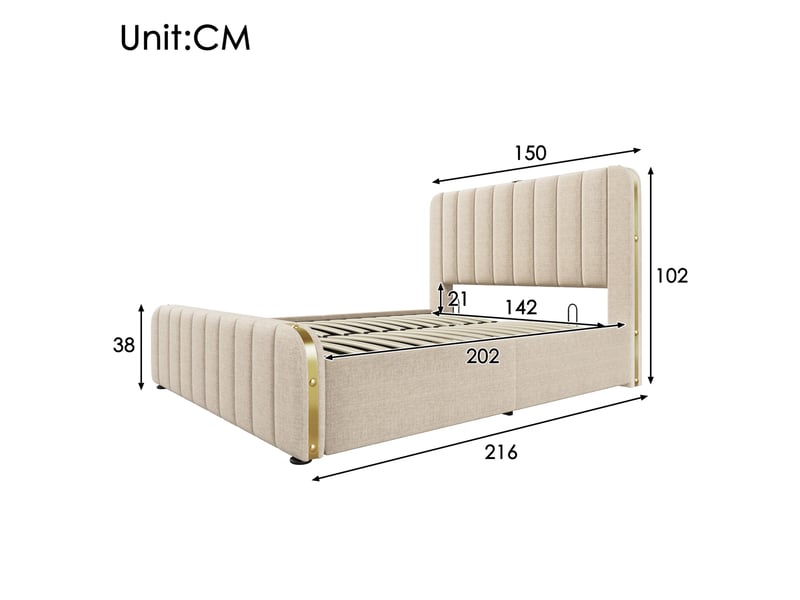  Lit adulte 140x200 cm 2 places avec lit coffre, tête de lit, sommier et rangement, revêtement lin beige, sans matelas  - Conforama C