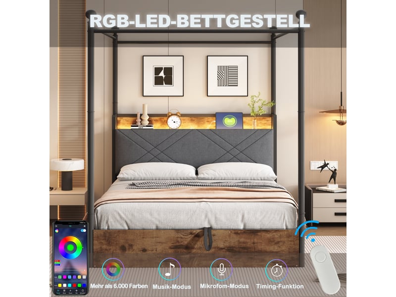  Lit coffre 140x190cm - lit double  140x190cm  - avec éclairage led rgb connecté - ports usb &amp; type-c - métal &amp; bois - noir  - Conforama E