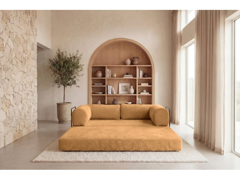 Cosima - canapé droit convertible petit velours côtelé 3 places moutarde - Conforama E