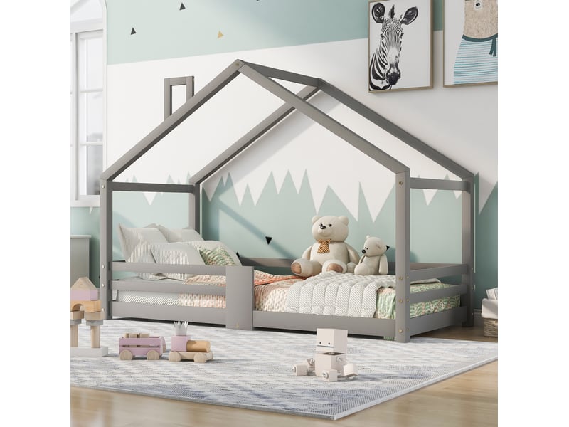  Modenvie lit cabane enfant 90x200 cm - sommier a lattes et barriere de securite, sans matelas - gris  - Conforama B