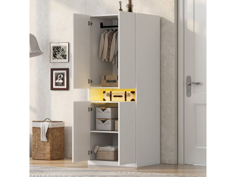  Armoire 70 × 55 × 180 cm avec compartiments éclairés, lampe led, grand rangement et penderie, armoire individuelle, blanc  - Conforama B