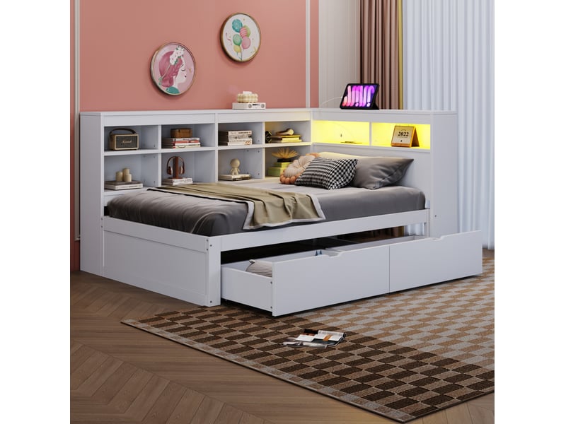  Modenvie lit banquette 90x200 cm - avec rangement intégré, led et ports usb, sans matelas - blanc  - Conforama E