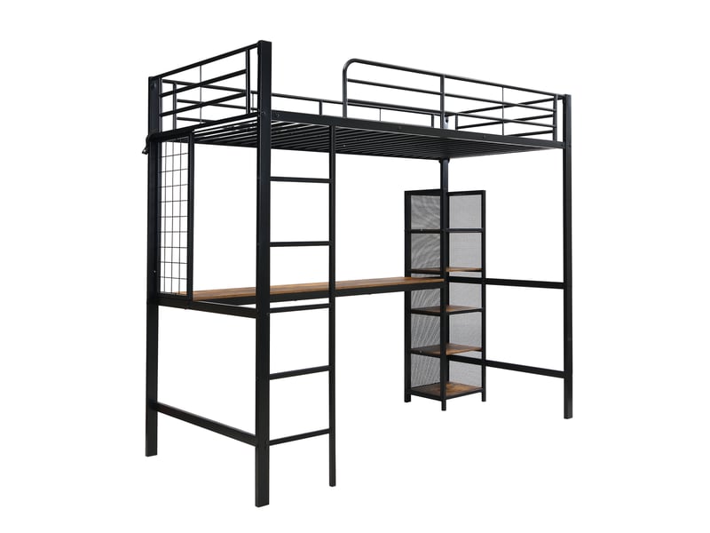  Lit mezzanine en fer et mdf, avec table et étagères à plusieurs niveaux, équipé d'un grillage métallique, de rambardes robustes et d'une échelle, coloris noir et bois foncé, 90 x 200 cm  - Conforama E
