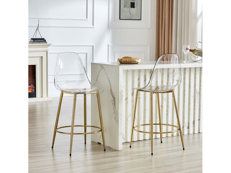  Lot de 2 tabourets de bar 66 cm avec dossier transparent et repose-pieds, meuble de cuisine, métal, or et transparent  - Conforama D
