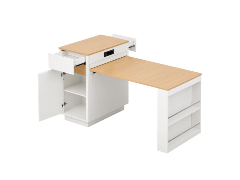 Îlot de cuisine mobile sur roulettes – table extensible et plateau pliable, bar d’appoint blanc, multiprise et crochets - Conforama E