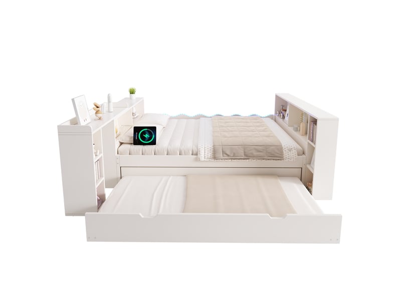  Lit gigogne banquette 140x190 cm avec couchage 90x190 cm, led, usb, tablette coulissante et tête de lit réversible, lit multifonction blanc Morn Vibe - Conforama A