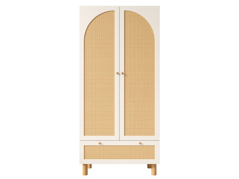  Armoire de chambre style campagne à 2 portes avec rotin, 1 tiroir, étagères réglables et barre de penderie, blanc, 85,5×52×180,5 cm  - Conforama A