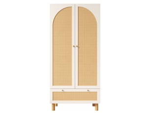 Armoire de chambre style campagne à 2 portes avec rotin, 1 tiroir, étagères réglables et barre de penderie, blanc, 85,5×52×180,5 cm
