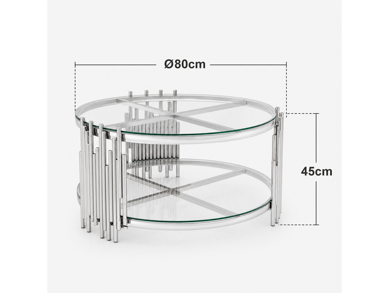  Table basse ronde 80x80x45 cm avec double niveau en métal argenté et transparent, design moderne  - Conforama C