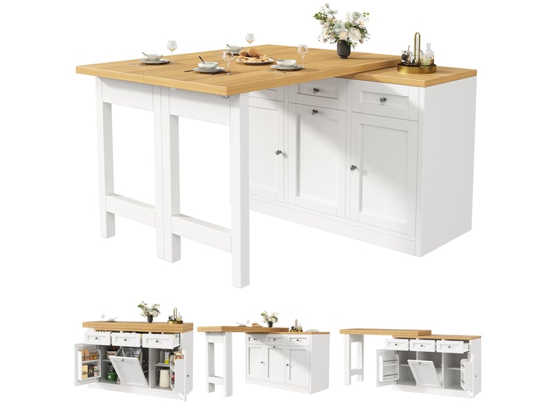  Table de bar extensible 120-200 cm avec rangement et tiroir, îlot de cuisine multifonctionnel, mdf blanc  - Conforama A