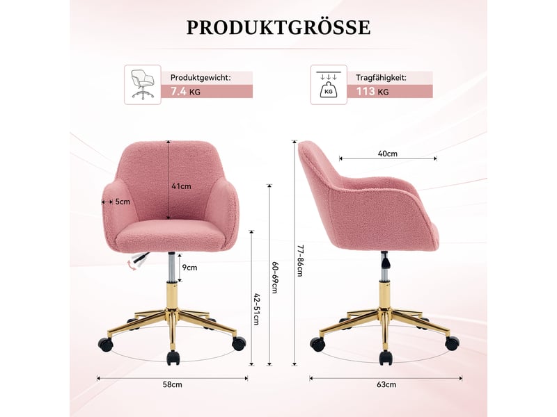 Chaise de bureau pivotante 360° réglable en hauteur - lpospi - base dorée à roulettes, tissu bouclette rose  - Conforama D