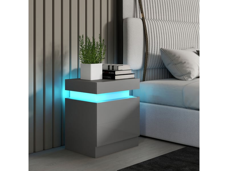  Table de chevet avec éclairage led, 2 tiroirs et commande par application, idéale pour la chambre ou le salon, 45 x 35 x 52 cm, grise  - Conforama C