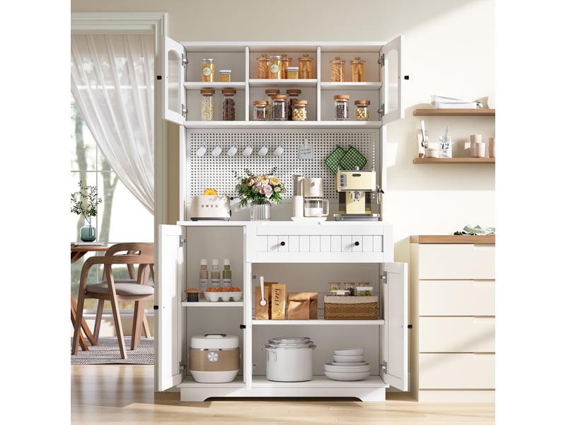  Buffet de cuisine haut 103,5x40x180 cm avec portes vitrées, étagères réglables, panneau perforé, tiroir, rangements, meuble blanc pour cuisine  - Conforama D