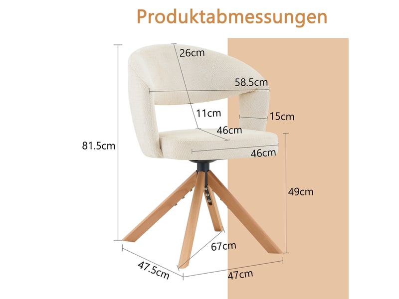  Lot de 2 chaises de salle à manger pivotantes 360°, 58,5x47,5x81,5 cm, dossier incurvé, tissu texturé et bois, blanc crème  - Conforama C
