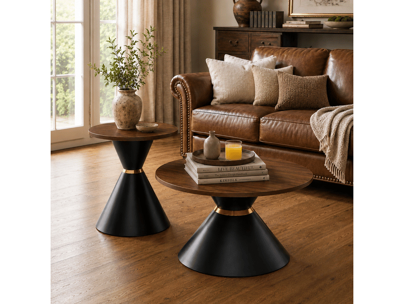  Lot de 2 tables basses rondes design conique métal noyer et noir  - Conforama B