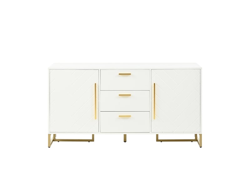  Buffet blanc élégant avec motif à chevrons, 2 portes et 3 tiroirs, meuble de rangement moderne  - Conforama A