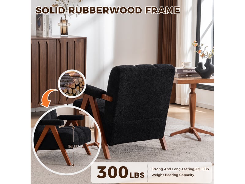  Fauteuil de salon 77x68,4x77 cm, accoudoirs courbés, structure en bois, design moderne, tissu chenille, couleur noir  - Conforama E