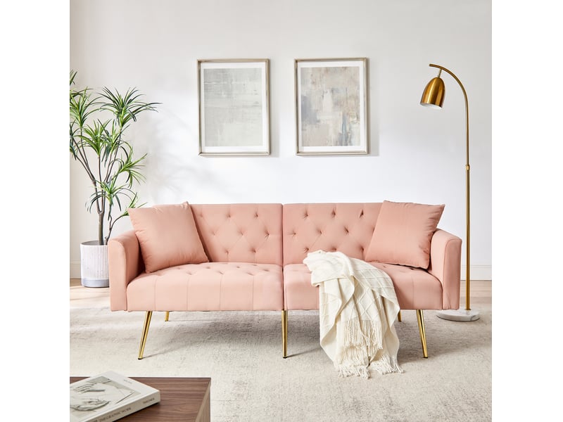  Canapé droit 2 places 177x78x74 cm, deux coussins, pieds métal dorés, convertible 3 positions, velours, rose  - Conforama E