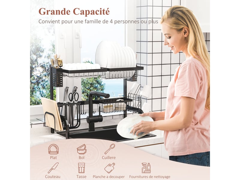  Égouttoir à vaisselle au-dessus de l'évier, séchoir à vaisselle 2 niveaux, modulables en acier 81,5 x 31,5 x 53,5cm noir  - Conforama D