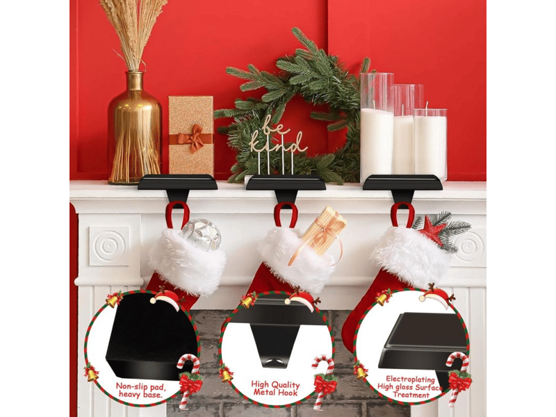 Ensemble de 4 crochets métalliques noirs pour chaussettes de noël, idéal pour décorer les cheminées, les fenêtres  - Conforama B