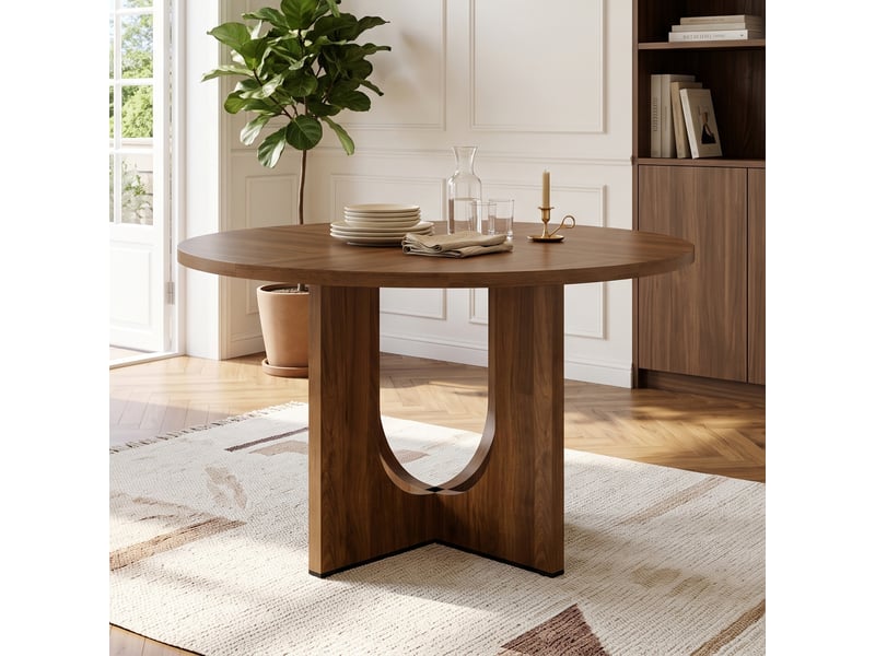 Table ronde 120x120 cm pour 4 à 6 personnes, table à manger classique au style nordique, pour salle à manger ou séjour, sans chaises, noyer OPULERANE TRADING LTD - Conforama E