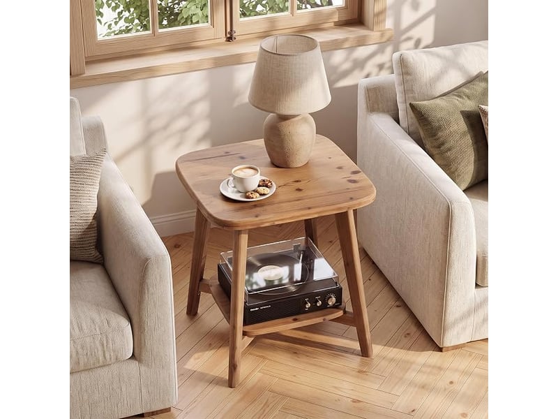 Bout de canapé en bois massif à coins arrondis, table d'appoint carrée style ferme avec rangement, petite table de chevet à deux niveaux pour salon et chambre - Conforama E