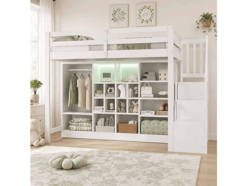  Lit mezzanine 90x200 cm, armoire simple, escalier avec rangement, rangements compartimentés, éclairage avec éclairage led, bois et mdf blanc  - Conforama E