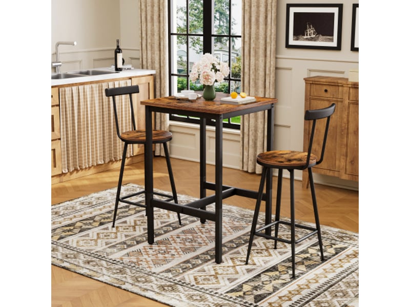 Table de bar industrielle avec tabourets - cadre métal, plateau brun rustique - 60x60x90 cm - salle à manger et salon - Conforama B