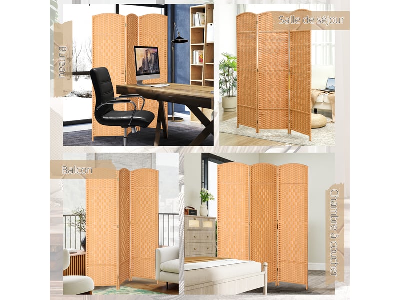  Paravent intérieur en bois 3 panneaux séparateur de pièce pliable pour salon chambre 135 x 180 cm clair brun  - Conforama W