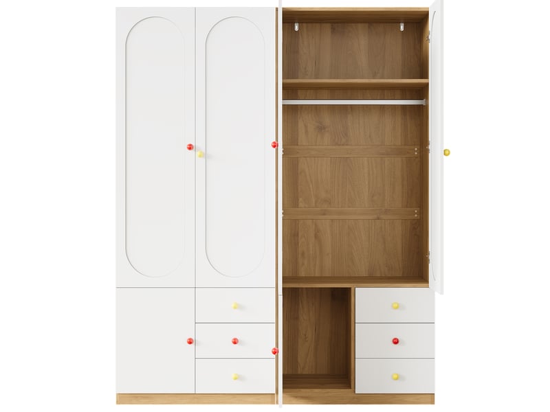 Lot de 2 armoires enfant, 2 portes, penderie, tiroirs, tringle et grand rangement pour chambre, poignées céramique colorées, laqué blanc ABC - Conforama D