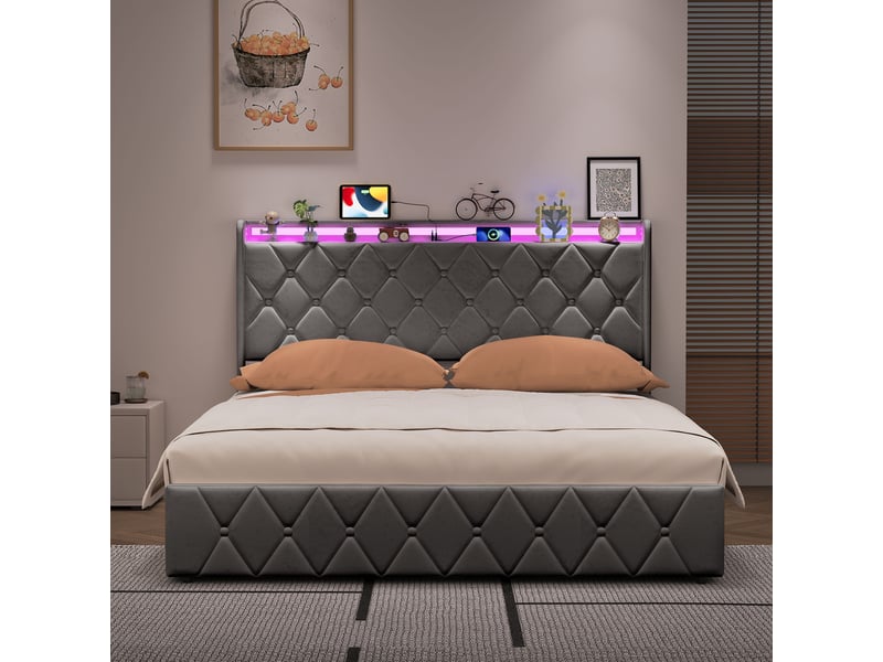  Lit coffre 160x200cm - lit double 160x200 en velours - lit 160x200 avec tête de lit led, prises usbtype-c - gris foncé  - Conforama B