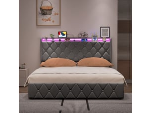 Lit coffre 160x200cm - lit double 160x200 en velours - lit 160x200 avec tête de lit led, prises usbtype-c - gris foncé