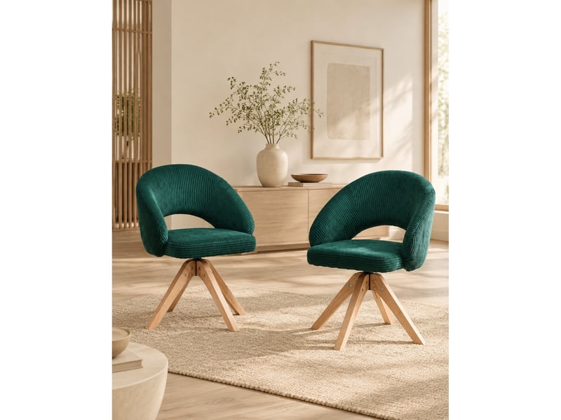 Lot de 2 fauteuils pivotants 360° avec dossier enveloppant - pieds en bois massif 84 cm velours vert foncé - Conforama B