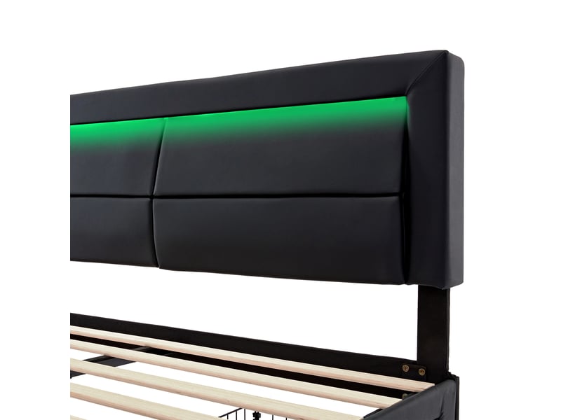  Lit adulte 140x200cm, lit double, 4 tiroirs latéraux, led, charge, tête de lit, pu, noir, sans matelas  - Conforama E